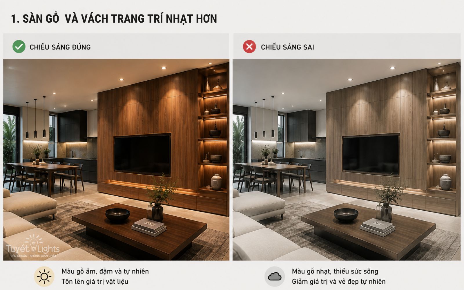 Phòng khách hiện đại với sàn gỗ và vách gỗ trang trí, so sánh hai kiểu chiếu sáng tôn màu gỗ tự nhiên